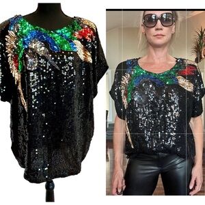 ANN GREEN rare vintage retro 70s 80s 90s sequin beaded bird short sleeve blouse